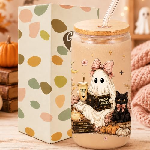 Halloween Glass Cup with Lid & Straw - Ghostbook Design, 16oz Book Lover Gift