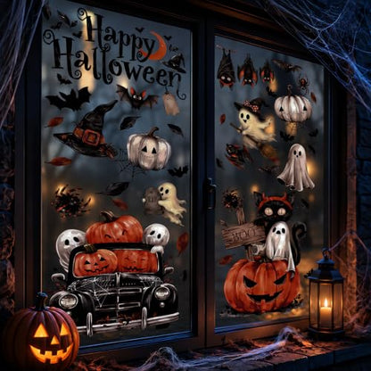 Double Sided Ghost Pumpkin Halloween Window Clings - Fall Decor for Glass Door