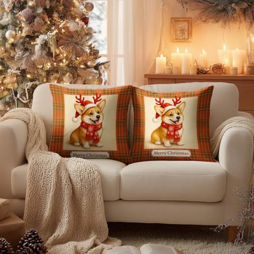 Christmas Corgi Throw Pillow Covers Set of 2 - 18x18 Inch, Reindeer & Plaid Design - Variation of Christmas Corgi#02