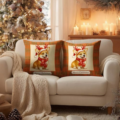 Christmas Corgi Throw Pillow Covers Set of 2 - 18x18 Inch, Reindeer & Plaid Design - Variation of Christmas Corgi#02