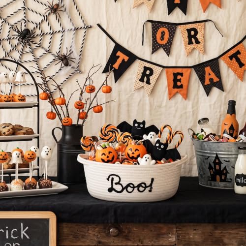 Halloween Boo Basket for Kids & Adults - White & Black Woven Gift Basket, 13x9x5 Inches