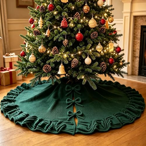 48 Inch Green Knitted Christmas Tree Skirt with Ruffled Edges - Holiday Decor