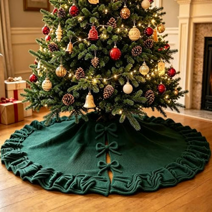 48 Inch Green Knitted Christmas Tree Skirt with Ruffled Edges - Holiday Decor