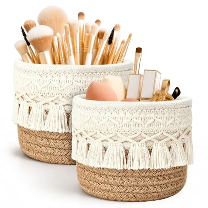 Mini Boho Macrame Cotton Woven Storage Baskets Set of 2 - Foldable Makeup & Home Organizer