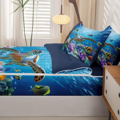 Teal Blue Sea Turtle Zipper Bedding Set Queen Ocean Nautical Bed in a Bag