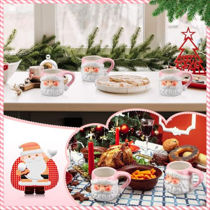 Pink Santa Coffee Mugs Set of 6 - 16 oz Ceramic Christmas Cups with Holiday Design