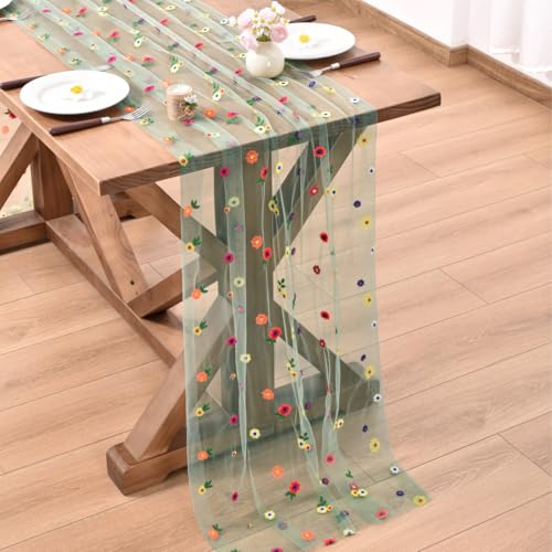 Sage Flower Table Runner Floral Daisy Cheesecloth Wedding Decor - Sage / 1
