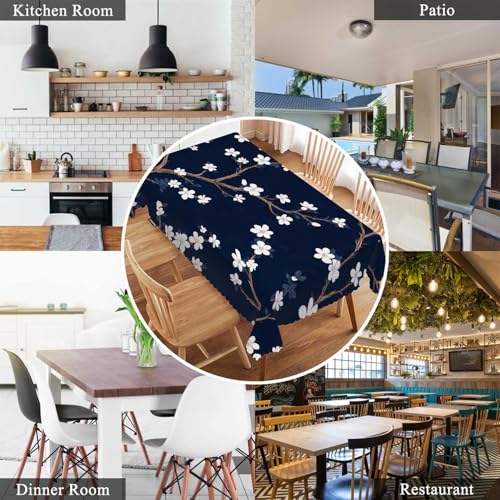 Cherry Blossoms Tablecloth 52x70 Inch Rectangular Navy Blue & White Flower Design - Wipeable Kitchen Dining Decor
