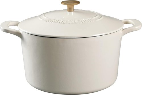 Martha Stewart Gatwick 7-Quart Enamel Cast Iron Dutch Oven - Linen White with Gold | Durable for Slow Cooking & Baking