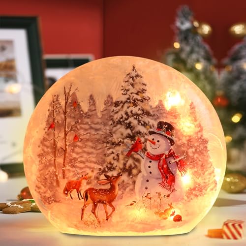 Lighted Christmas Snowman Lamp with Deer & Cardinal - Hand Painted Glass Holiday Decor