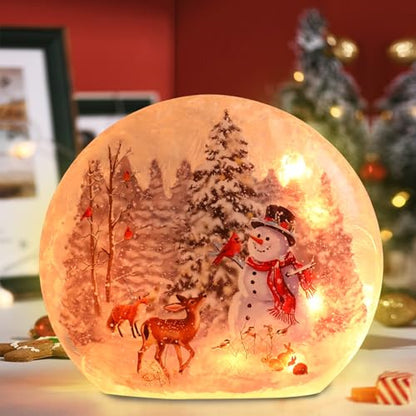 Lighted Christmas Snowman Lamp with Deer & Cardinal - Hand Painted Glass Holiday Decor