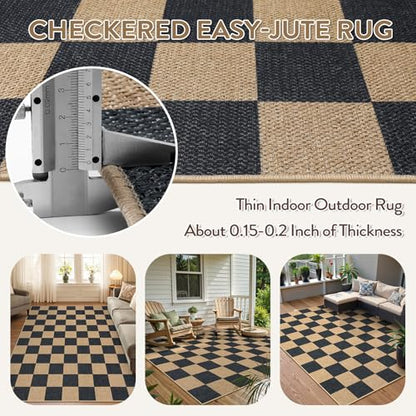 5' x 7' Checkerboard Outdoor Patio Rug - Washable Jute Look Black