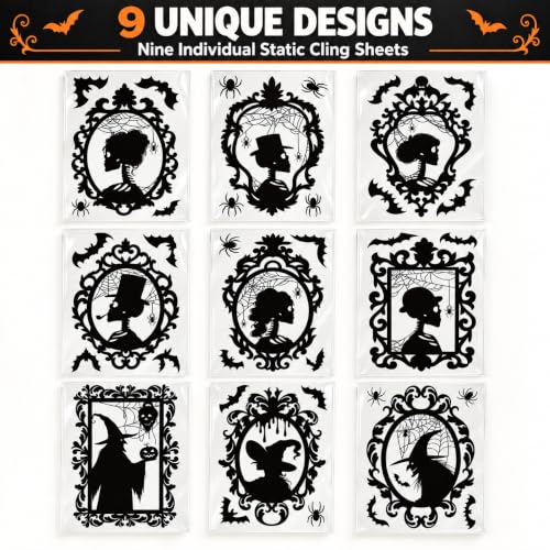 Halloween Window Clings 9 Pack - Reusable Static Silhouette Decorations