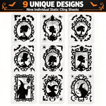 Halloween Window Clings 9 Pack - Reusable Static Silhouette Decorations