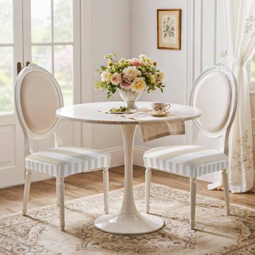 Beige Stretch Chair Covers Set of 6 - Cream Striped Dining Seat Protectors