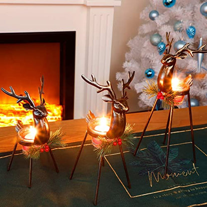 Reindeer Candle Holders Set of 3 - Christmas Tabletop Decor with Glass Votive Cups