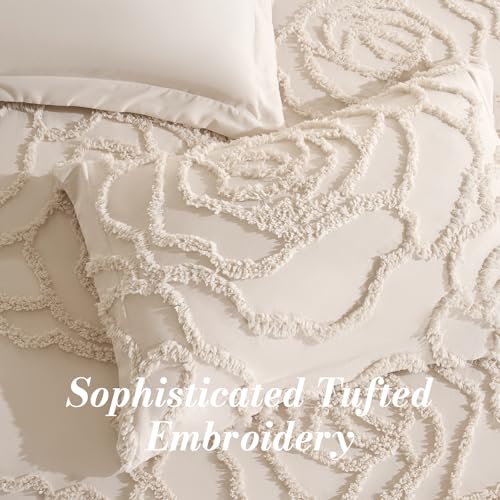 Khaki Tufted Rose Comforter Set Queen - Boho Rustic All-Season Bedding