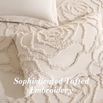 Khaki Tufted Rose Comforter Set Queen - Boho Rustic All-Season Bedding