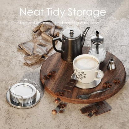 Silver Stainless Steel Coaster Set with Holder - 6 Modern Round Drink Coasters with Non-Slip EVA Base