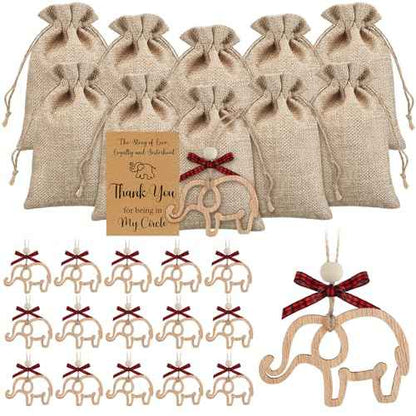 Thyle 24 Set Friendship Elephant Ornaments Wooden Sisterhood Elephant Decor for Women with 24 Cards 24 Burlap Bags Thank You for Being in My Circle for Best Friend Christmas Birthday Gift(Rustic)