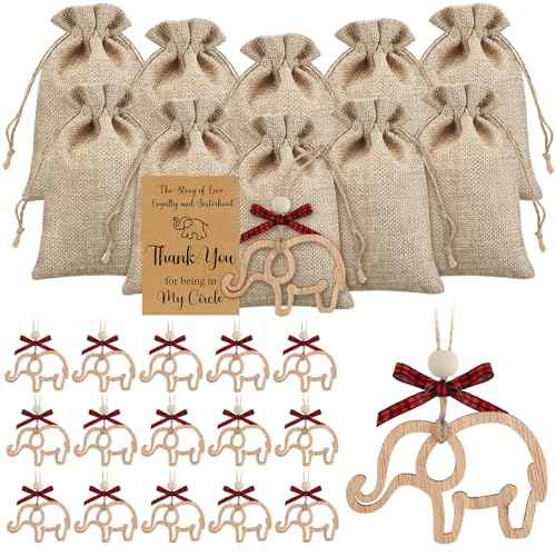 Thyle 24 Set Friendship Elephant Ornaments Wooden Sisterhood Elephant Decor for Women with 24 Cards 24 Burlap Bags Thank You for Being in My Circle for Best Friend Christmas Birthday Gift(Rustic)