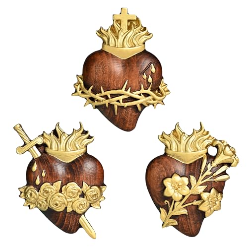 Gold Wooden Sacred Hearts Wall Decor Set - 8 Inch Holy Family Religious Art