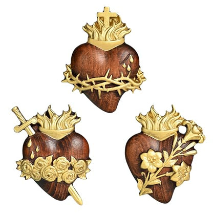 Gold Wooden Sacred Hearts Wall Decor Set - 8 Inch Holy Family Religious Art