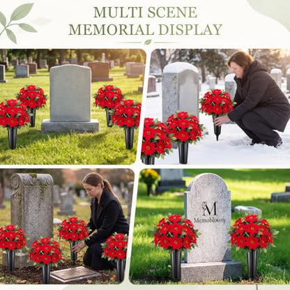 Artificial Christmas Poinsettia Cemetery Flowers Set with Vases - Red, 4 Pack