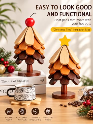 Colorful Christmas Tree Coasters Set of 5 with Stand Wooden Trivets for Hot Dishes