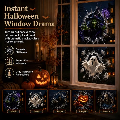 Halloween Window Decorations Cracked Glass Decals with Skull - Spooky 3D Illusion, Removable for Haunted House & Storefronts