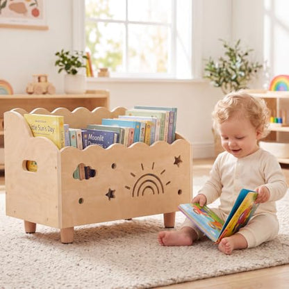 Natural Montessori Toddler Bookshelf with Rainbow & Cloud Cutouts - Wooden Childrens Storage