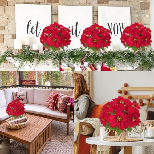 Mini Potted Christmas Poinsettia Flowers - 13 Inch Red Faux Plant, Rustic Decor