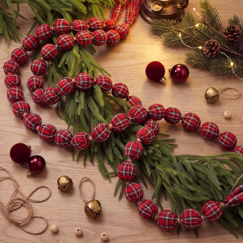 2 Pack Red Black Buffalo Check Christmas Ball Garlands - 6 Ft Holiday Decor