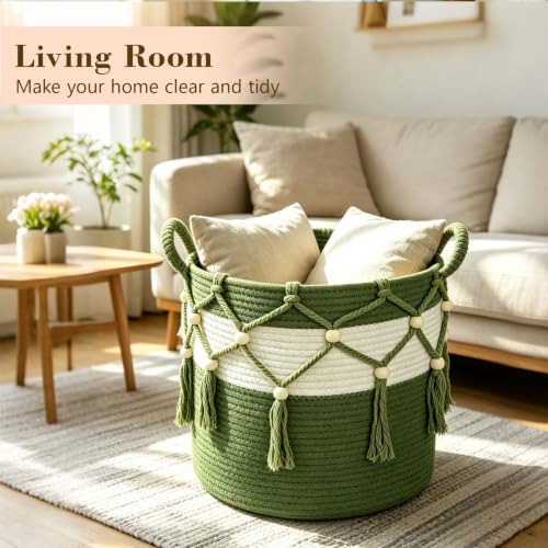Green Cotton Rope Blanket Basket for Living Room Storage & Toy Organizer