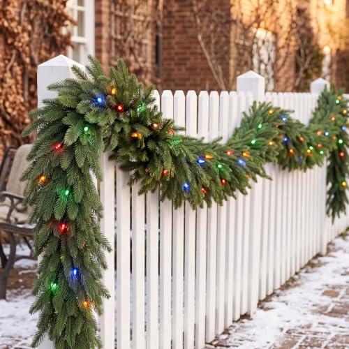 9 FT Christmas Norfolk Pine Garland with Multi Color LED Lights, Remote & Timer