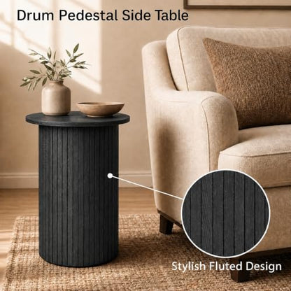 Giantex Round Side Table - Fluted Mid-Century Modern Drum End Table, Black