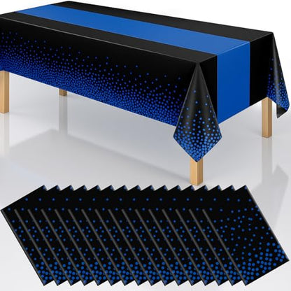 Disposable Plastic Tablecloths 54x108 Inch Black and Blue Dot Set - 16 Pack