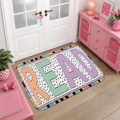 Pastel Pink Read Runner Rug, Colorful Educational Letters Polka Dots, 2x3 Ft