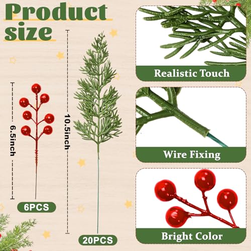26PCS Artificial Christmas Pine Branches with Red Berry Stems - Holiday Decor
