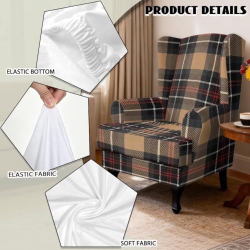 Brown Tartan Wingback Chair Cover 2 Pieces - Snug Fit, Protective & Easy to Install