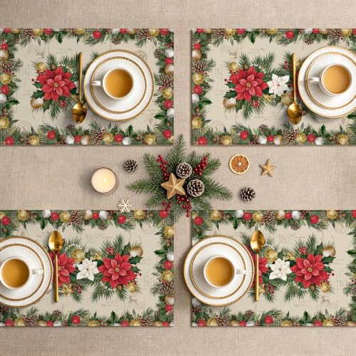 Christmas Poinsettia Placemat Set of 4 - 12x18 Inch Holiday Table Decor