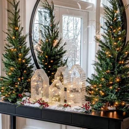 Christmas Glass Village Decoration Set with LED Lights - 3 Pieces