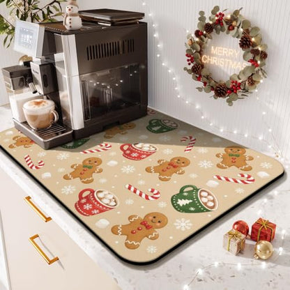 Beige Christmas Gingerbread Coffee Mat 19x12 Inches Anti-Slip Absorbent Counter Protector