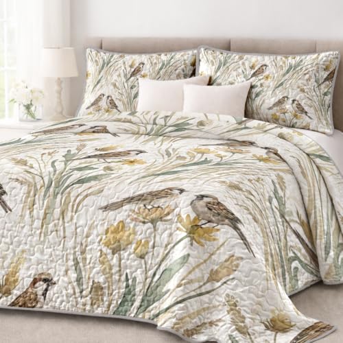 Sleepwish Nature Bird Floral Quilt Set - Wild Sparrow Autumn King Variation