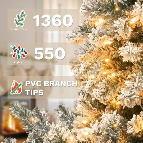 7.5Ft Pre-Lit Flocked Snow Christmas Tree with 1360 Tips & Dual-Color LED Lights - White / 7ft 6in