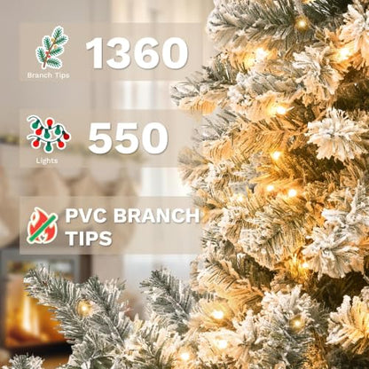 7.5Ft Pre-Lit Flocked Snow Christmas Tree with 1360 Tips & Dual-Color LED Lights - White / 7ft 6in
