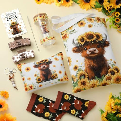 Sunflower Highland Cow Gift Set with Tumbler Tote Bag Socks - Cute Christmas Present