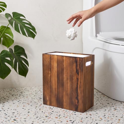 Small Wooden Trash Can with Liner - Acacia 3 Gallon Waste Basket for Small Spaces