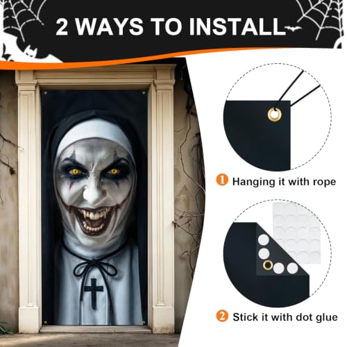 White Black Scary Nun Halloween Door Cover 79x35 in Creepy Nun Face Tapestry - Variation of THIS listing