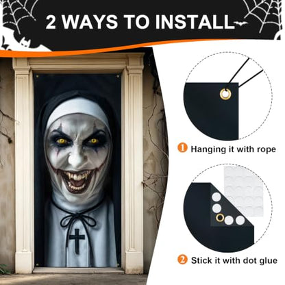 White Black Scary Nun Halloween Door Cover 79x35 in Creepy Nun Face Tapestry - Variation of THIS listing